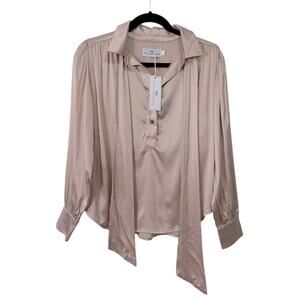 Never a wallflower blush pink silk long sleeve blouse with tie size xs NWT